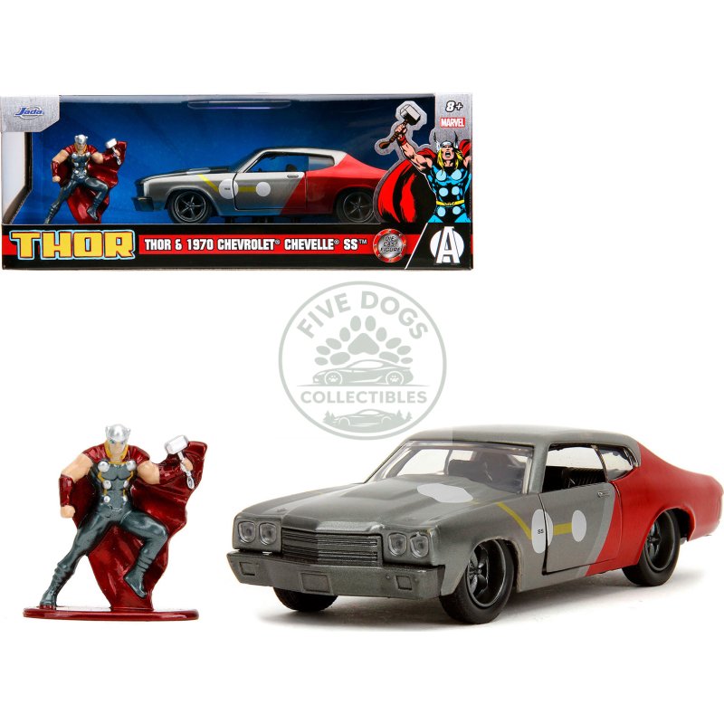 1970 chevrolet chevelle ss gray metallic and red metallic with black hood and thor diecast figure "the avengers" "hollywood rides" series 1/32 diecast model car by jada