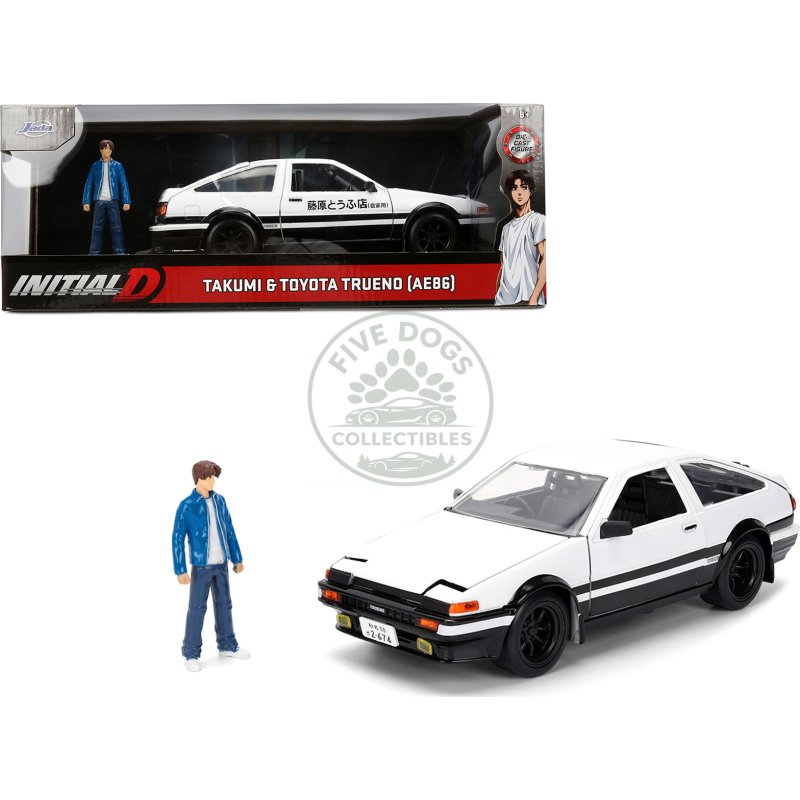 toyota trueno (ae86) rhd (right hand drive) white and black with graphics and takumi diecast figure "initial d" (1998 2021) tv series "anime hollywood rides" series 1/24 diecast model by jada