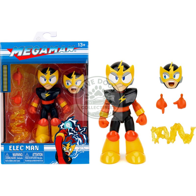 elec man 4.5" moveable figure with accessories and alternate head and hands "mega man" (1987) video game model by jada
