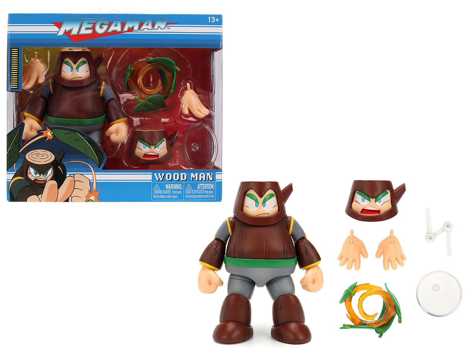 wood man 5" moveable figure (deluxe version) with accessories and alternate head and hands "mega man" (1987) video game model by jada wood man 5" moveable figure (deluxe version) with accessories and alternate head and hands "mega man" (1987) video game model by jada
