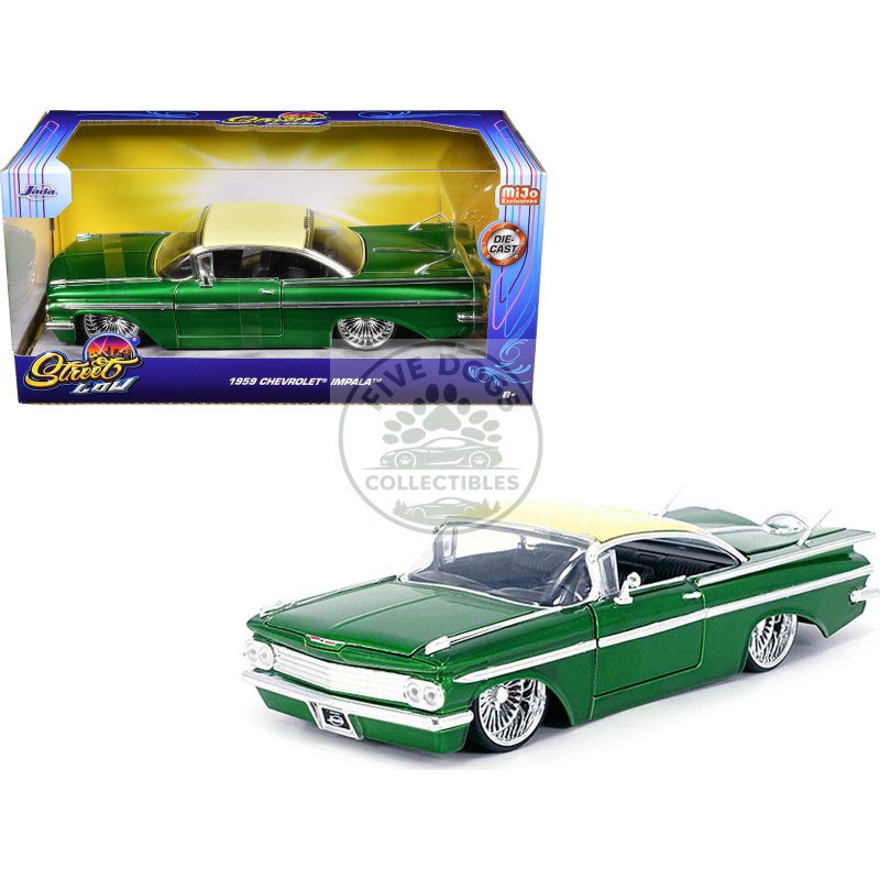 1959 chevrolet impala lowrider green metallic with cream top and dub wire wheels "street low" series 1/24 diecast model car by jada