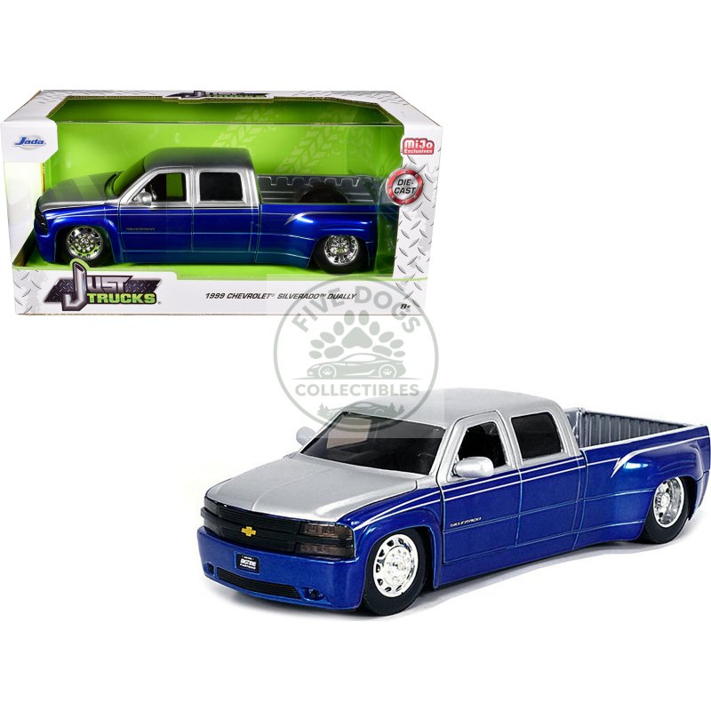 1999 chevrolet silverado dually pickup truck blue metallic and silver with stock wheels "just trucks" series 1/24 diecast model car by jada