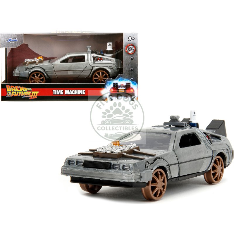 delorean dmc (time machine) brushed metal train wheel version "back to the future part iii" (1990) movie "hollywood rides" series 1/32 diecast model car by jada