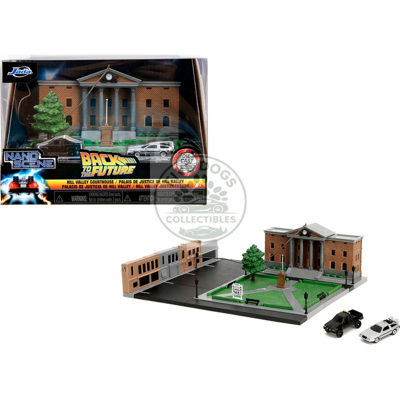 hill valley courthouse diorama with black pickup truck and delorean "back to the future" (1985) movie "nano scene" series model by jada
