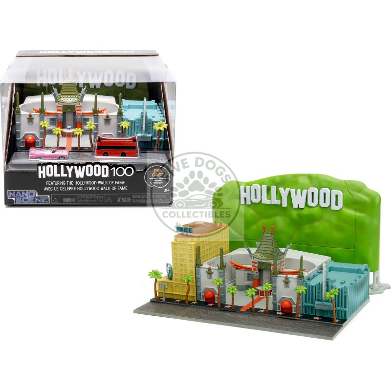 "hollywood 100" walk of fame diorama with pink convertible and double decker bus "nano scene" series model by jada
