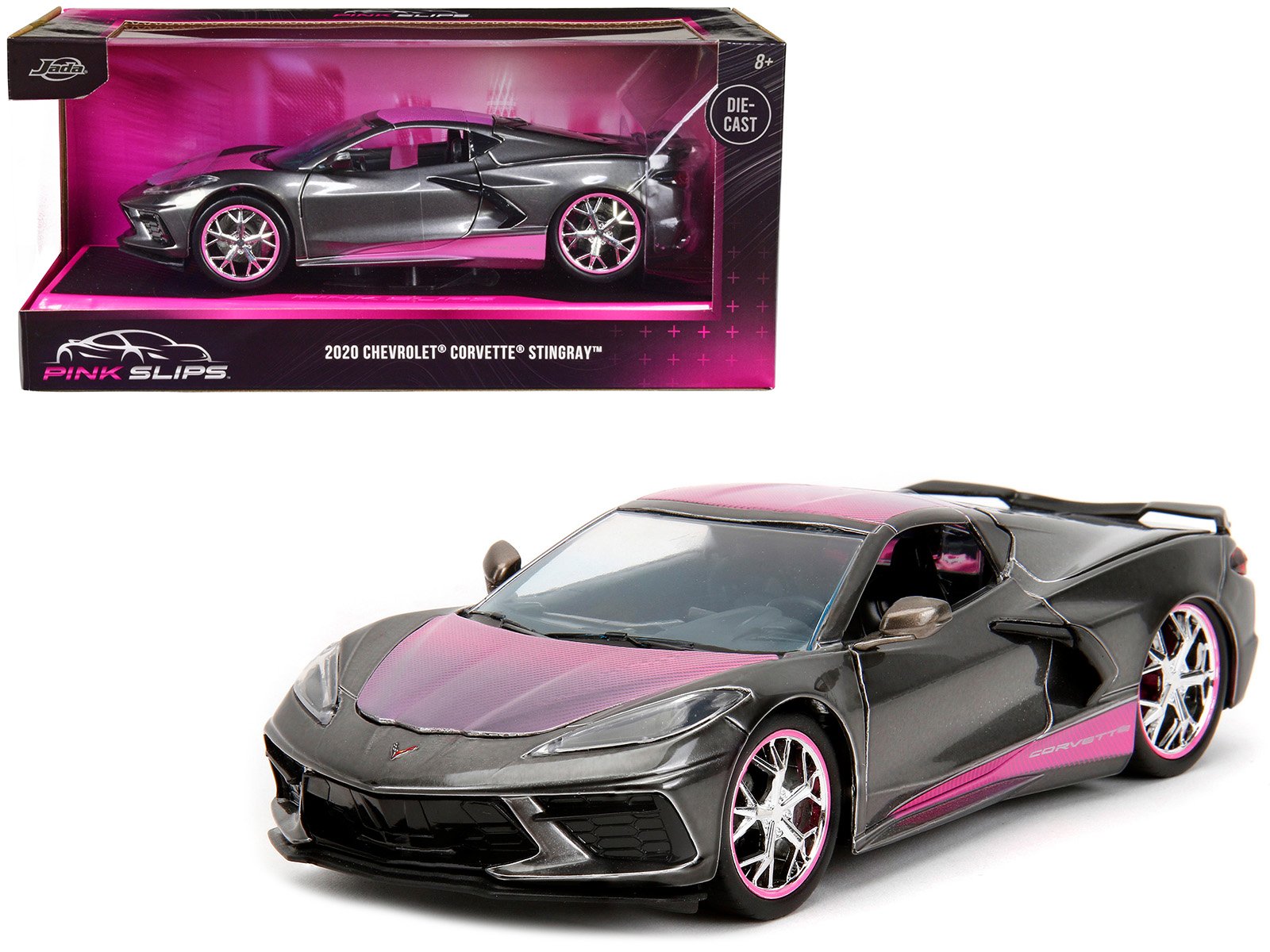 2020 chevrolet corvette stingray gray metallic with pink carbon hood and top "pink slips" series 1/24 diecast model car by jada 2020 chevrolet corvette stingray gray metallic with pink carbon hood and top "pink slips" series 1/24 diecast model car by jada