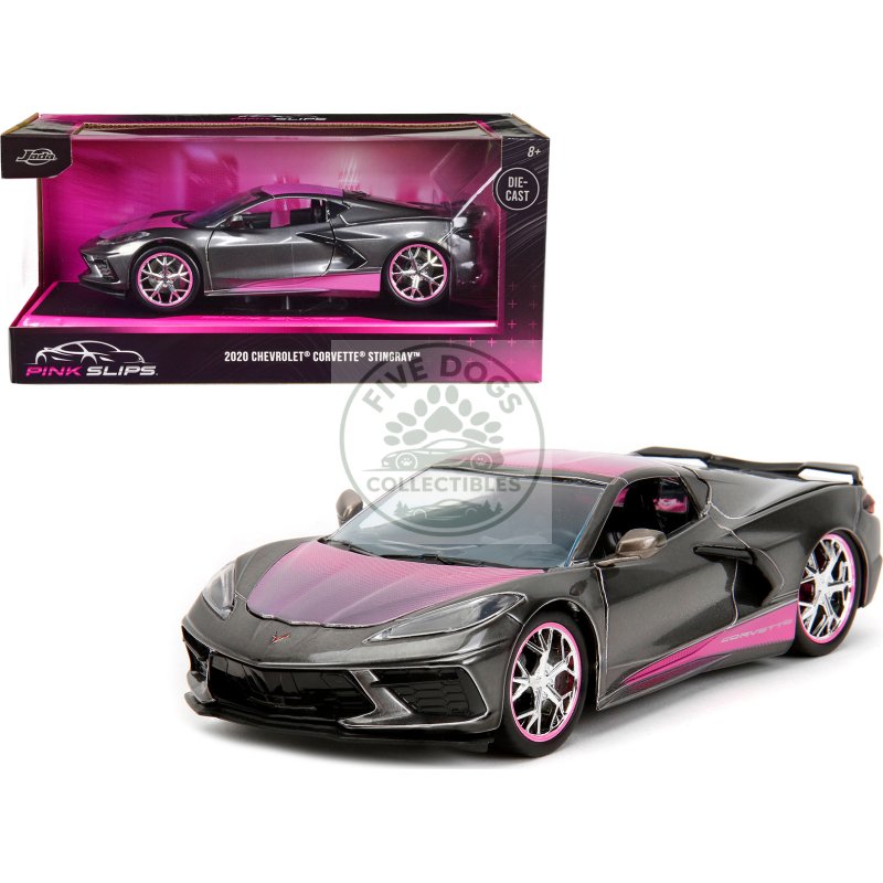 2020 chevrolet corvette stingray gray metallic with pink carbon hood and top "pink slips" series 1/24 diecast model car by jada