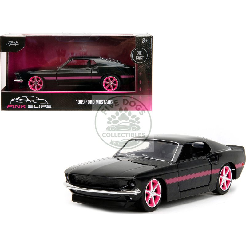 1969 ford mustang black metallic with pink stripes and wheels "pink slips" series 1/32 diecast model car by jada