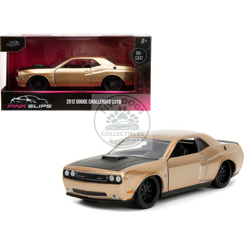 2012 dodge challenger srt8 gold metallic with black hood "pink slips" series 1/32 diecast model car by jada