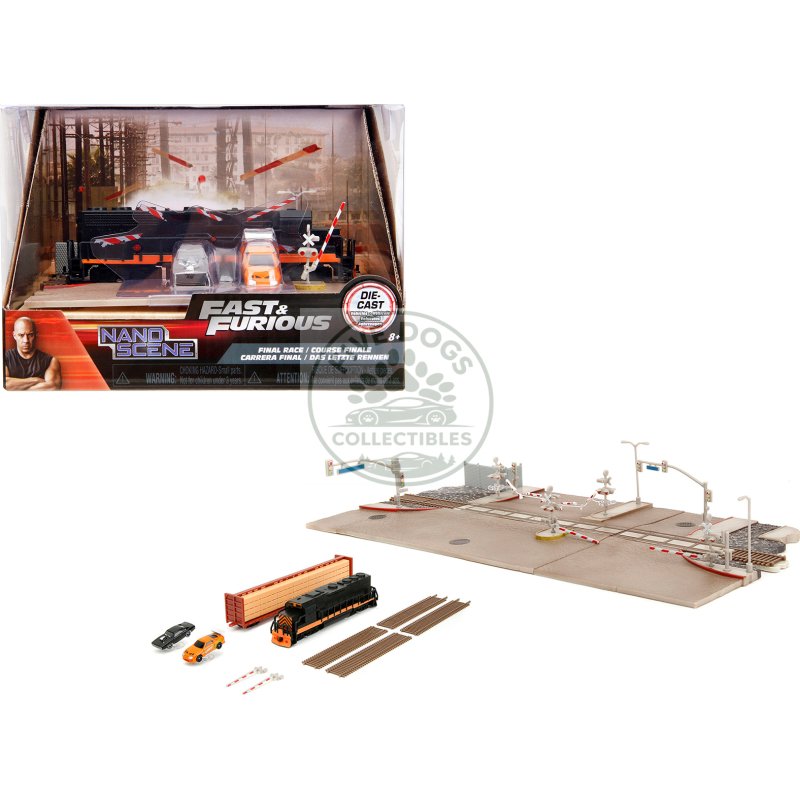 "fast & furious" final race diorama with toyota supra orange and dodge charger black "nano scene" series model by jada