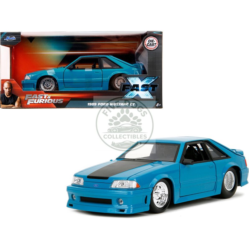 1989 ford mustang gt blue with black hood stripes "fast & furious" series 1/24 diecast model car by jada