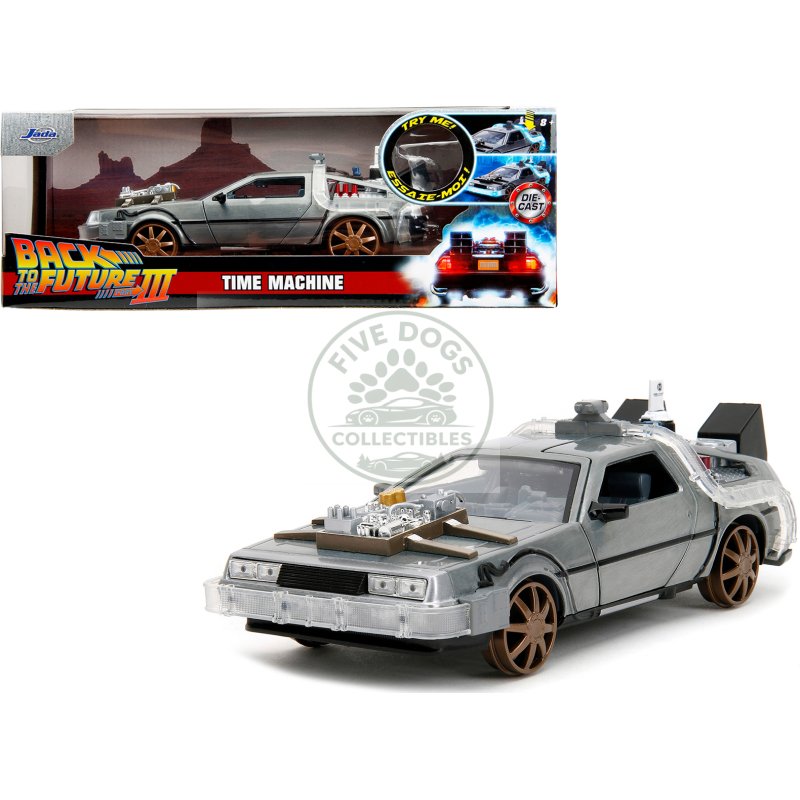 delorean brushed metal time machine (train wheel version) with lights "back to the future part iii" (1990) movie "hollywood rides" series 1/24 diecast model car by jada