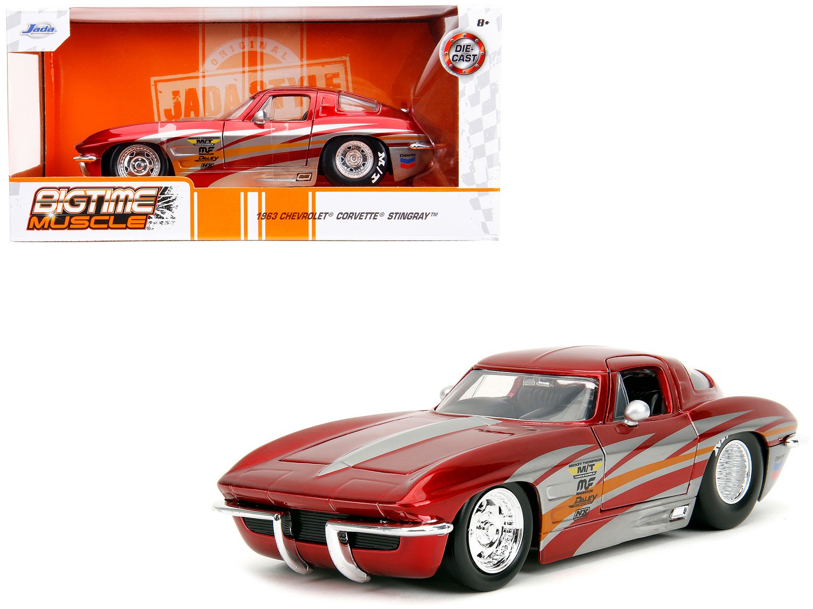 1963 chevrolet corvette stingray red metallic with silver graphics "bigtime muscle" series 1/24 diecast model car by jada 1963 chevrolet corvette stingray red metallic with silver graphics "bigtime muscle" series 1/24 diecast model car by jada
