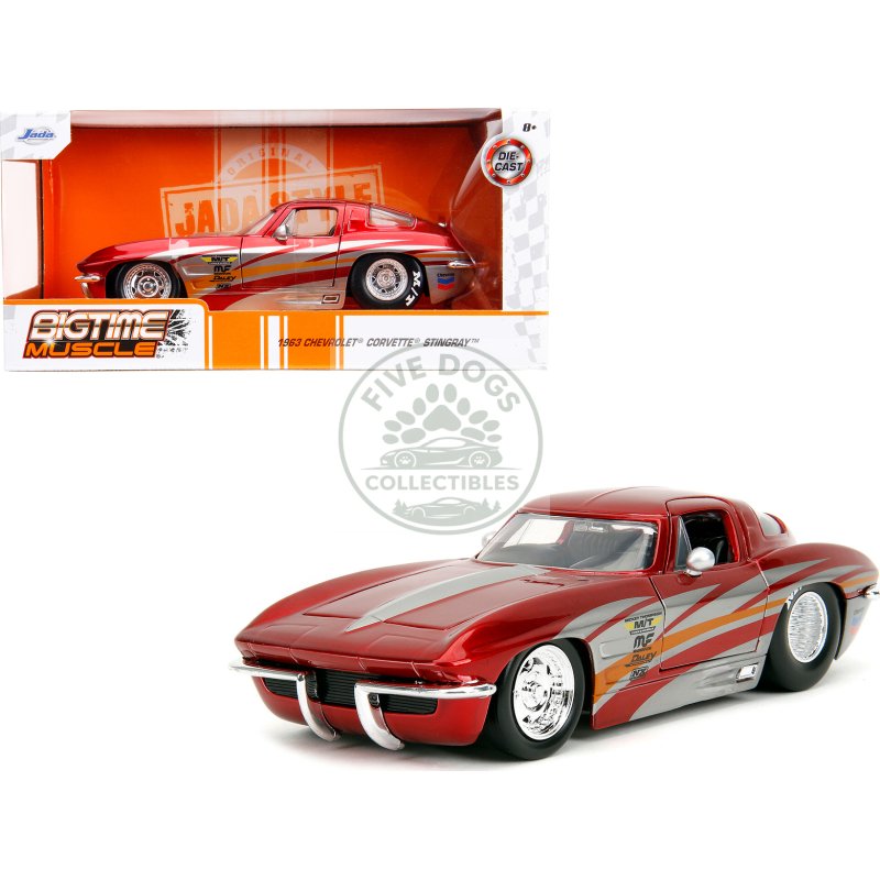 1963 chevrolet corvette stingray red metallic with silver graphics "bigtime muscle" series 1/24 diecast model car by jada