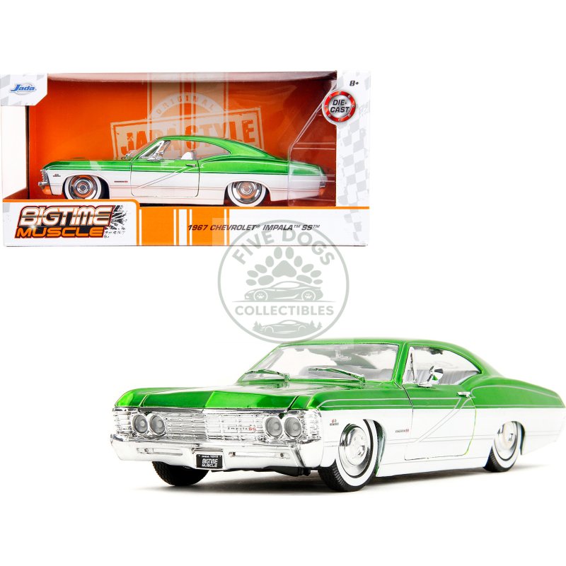 1967 chevrolet impala ss green metallic and white with white interior "bigtime muscle" series 1/24 diecast model car by jada