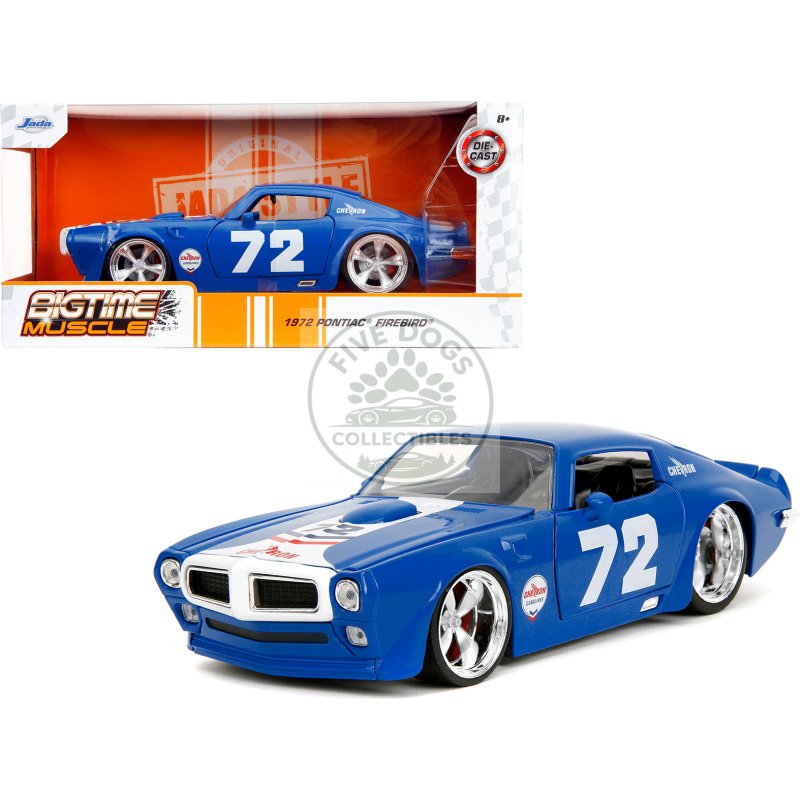 1972 pontiac firebird #72 blue with white stripe "chevron" "bigtime muscle" series 1/24 diecast model car by jada