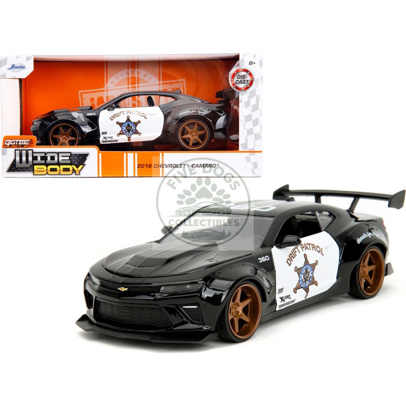 2016 chevrolet camaro widebody black and white "drift patrol" "wide body" series 1/24 diecast model car by jada
