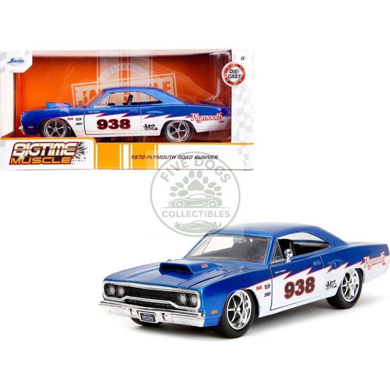 1970 plymouth road runner #938 candy blue and white "bigtime muscle" series 1/24 diecast model car by jada