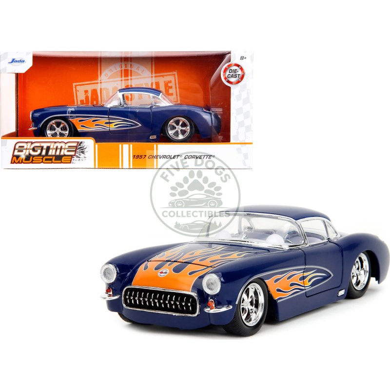 1957 chevrolet corvette dark blue with flame graphics and white interior "bigtime muscle" series 1/24 diecast model car by jada
