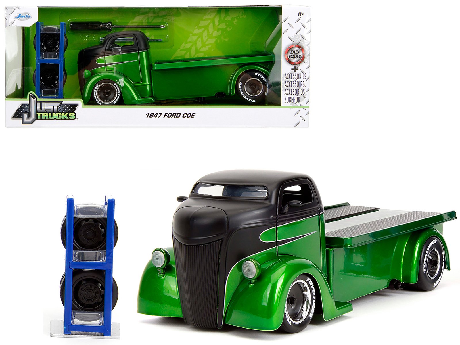 1947 ford coe flatbed truck green metallic and matt black "toyo tires" with extra wheels "just trucks" series 1/24 diecast model car by jada 1947 ford coe flatbed truck green metallic and matt black "toyo tires" with extra wheels "just trucks" series 1/24 diecast model car by jada