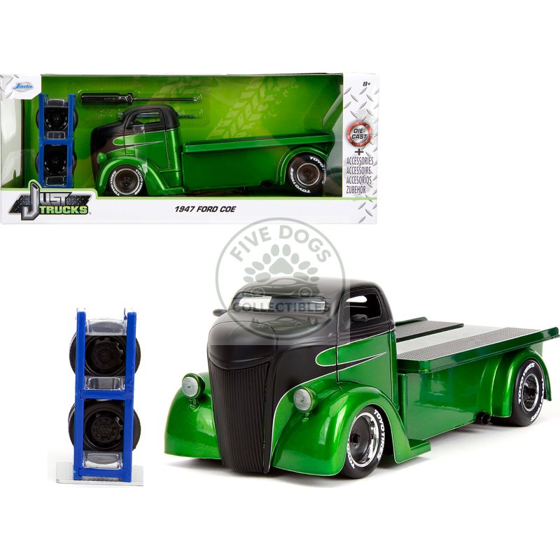 1947 ford coe flatbed truck green metallic and matt black "toyo tires" with extra wheels "just trucks" series 1/24 diecast model car by jada