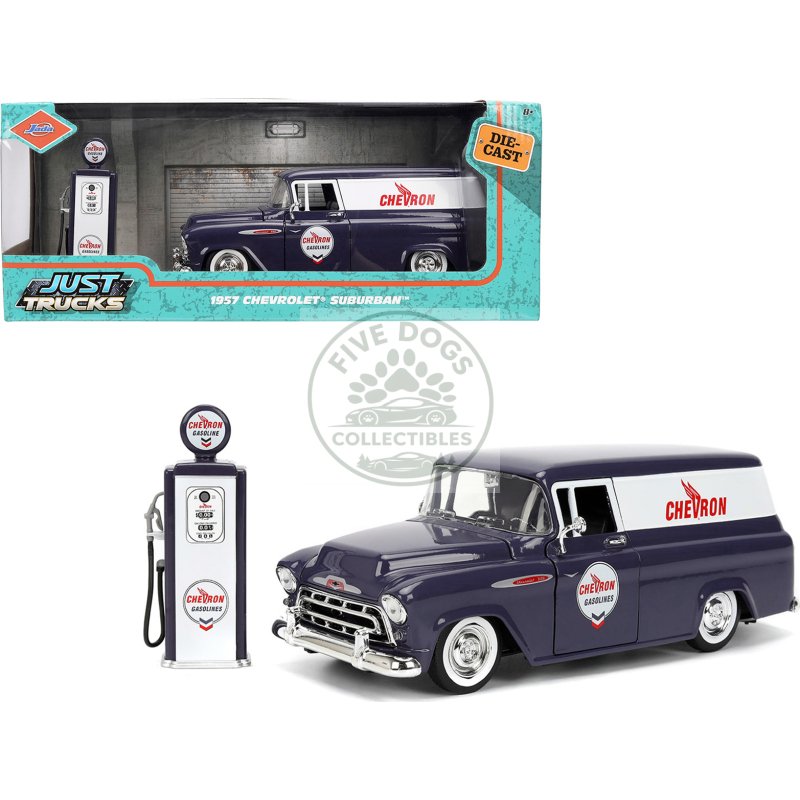 1957 chevrolet suburban "chevron" dark blue with white stripes and chevron gas pump "just trucks" series 1/24 diecast model car by jada