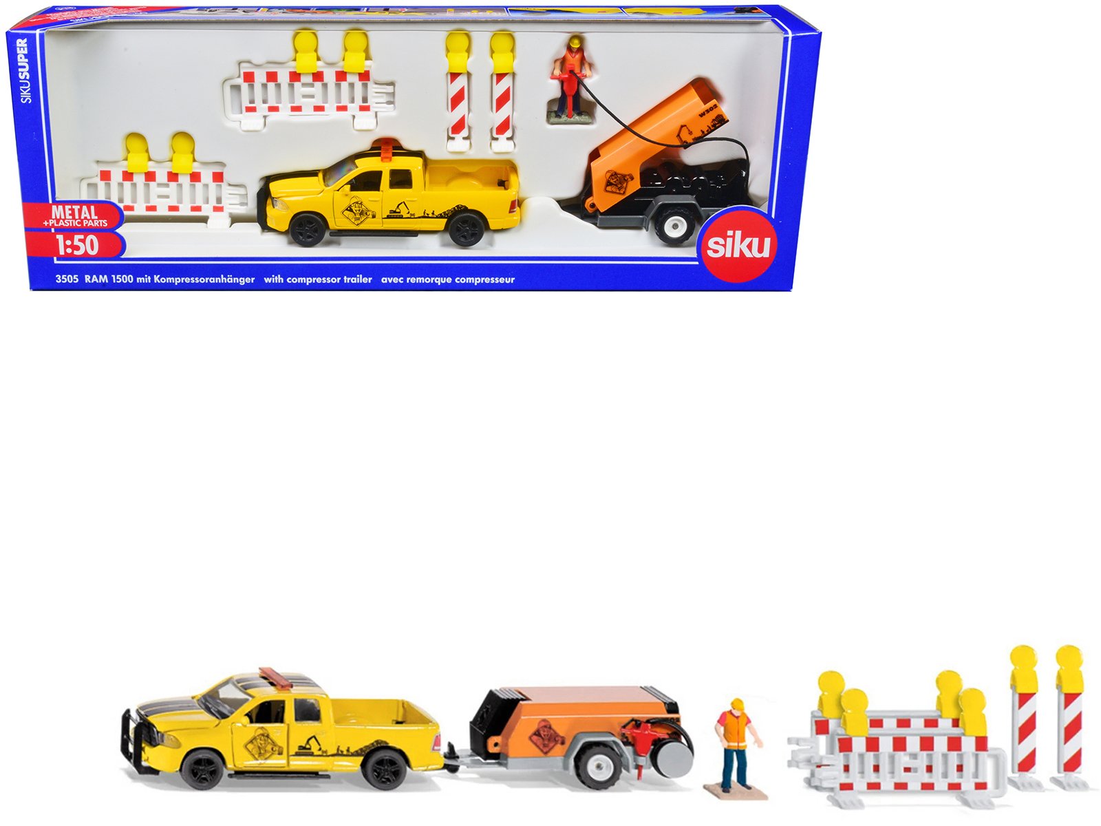 ram 1500 pickup truck yellow with compressor trailer and worker figure with accessories set 1/50 diecast models by siku ram 1500 pickup truck yellow with compressor trailer and worker figure with accessories set 1/50 diecast models by siku