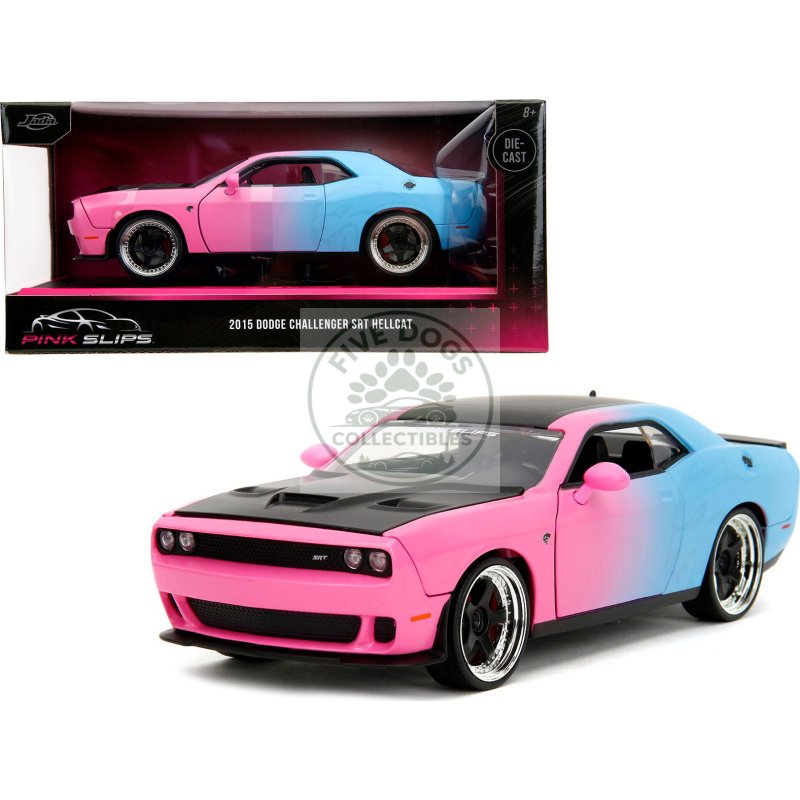 2015 dodge challenger srt hellcat pink and blue gradient with matt black hood and top "pink slips" series 1/24 diecast model car by jada