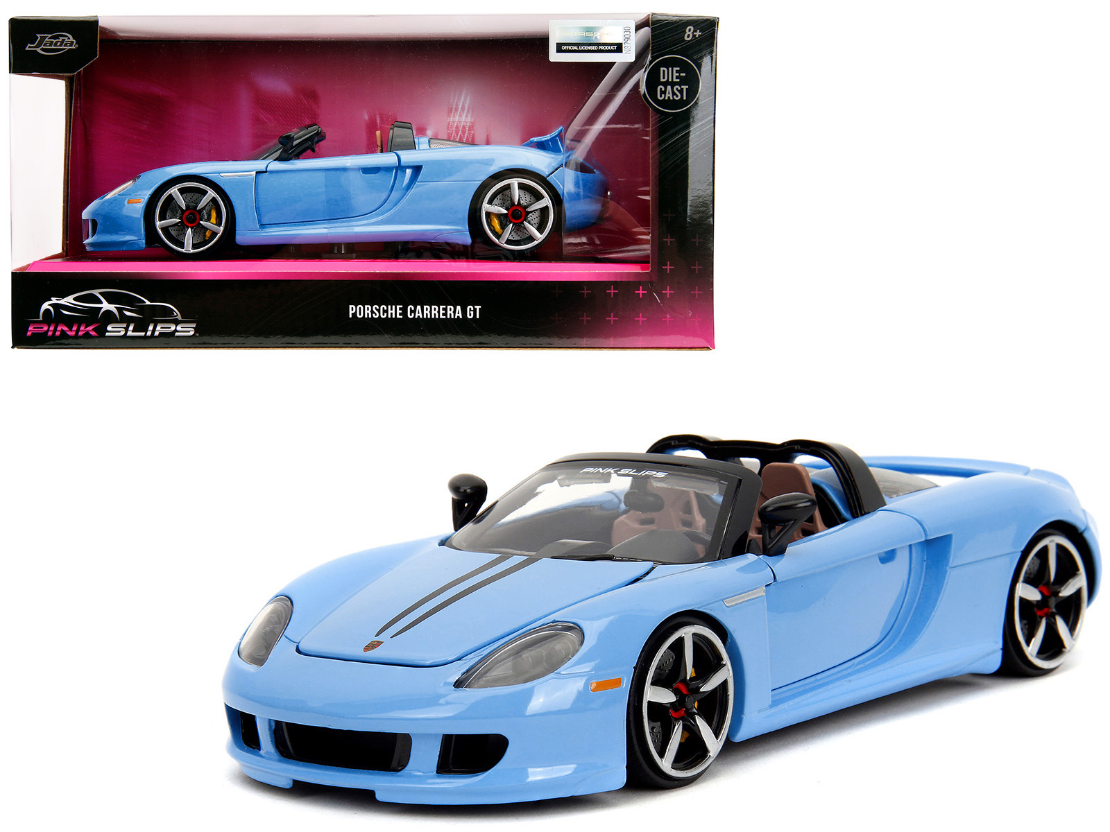 porsche carrera gt convertible blue with black stripes "pink slips" series 1/24 diecast model car by jada porsche carrera gt convertible blue with black stripes "pink slips" series 1/24 diecast model car by jada