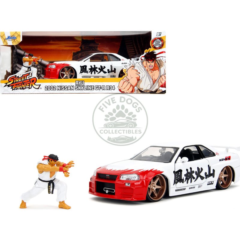 2002 nissan skyline gt r (r34) rhd (right hand drive) white with red graphics and ryu diecast figure "street fighter" video game "anime hollywood rides" series 1/24 diecast model car by jada