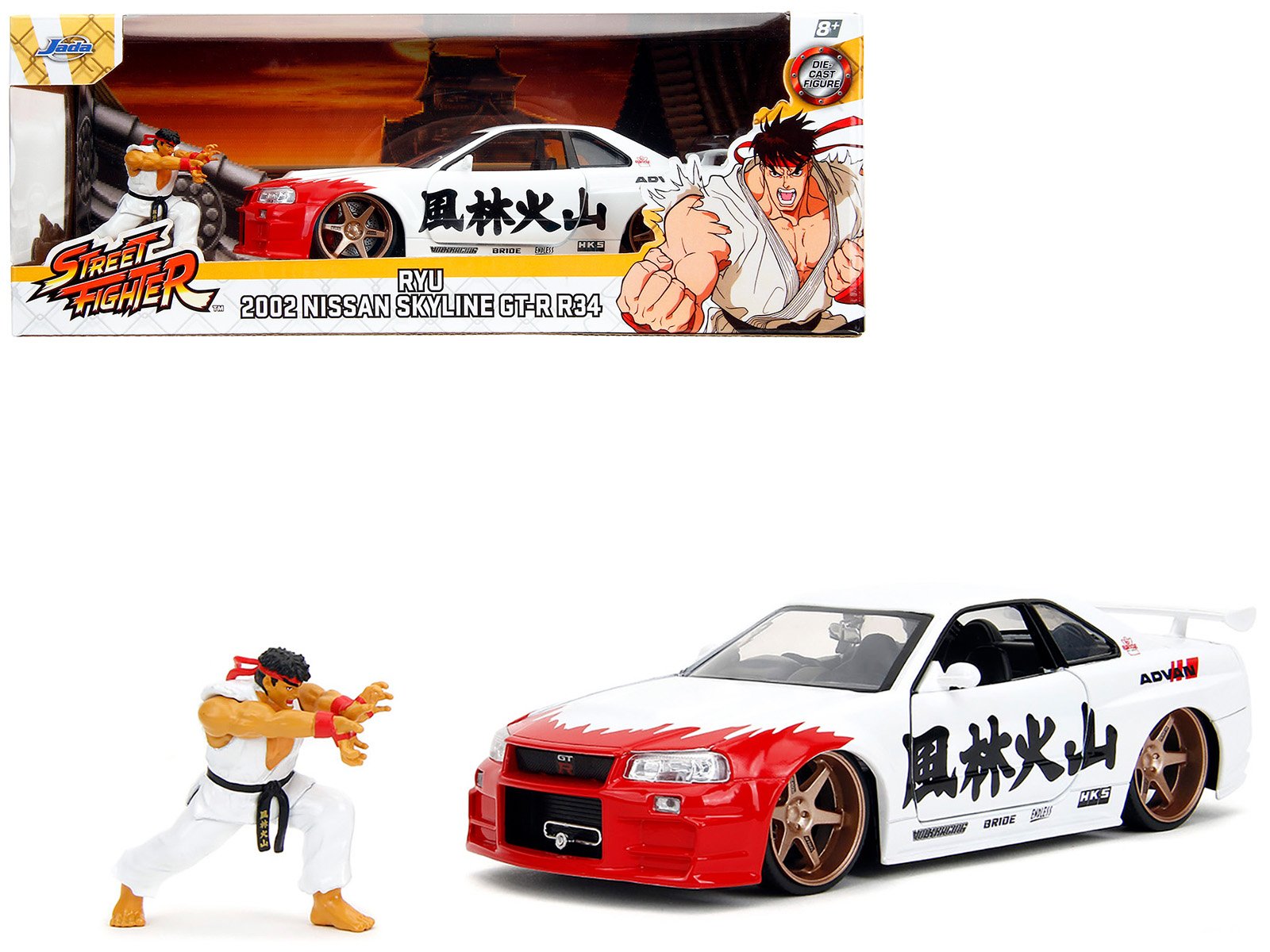 2002 nissan skyline gt r (r34) rhd (right hand drive) white with red graphics and ryu diecast figure "street fighter" video game "anime hollywood rides" series 1/24 diecast model car by jada 2002 nissan skyline gt r (r34) rhd (right hand drive) white with red graphics and ryu diecast figure "street fighter" video game "anime hollywood rides" series 1/24 diecast model car by jada