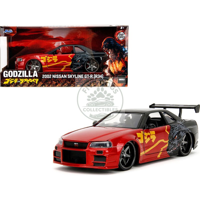 2002 nissan skyline gt r (r34) rhd (right hand drive) red metallic and black "godzilla vs. destoroyah" (1995) movie "hollywood rides" series 1/24 diecast model car by jada