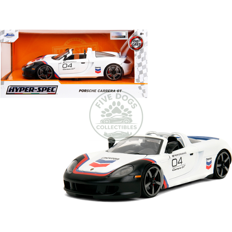 porsche carrera gt convertible #04 "chevron" white with graphics "hyper spec" series 1/24 diecast model car by jada