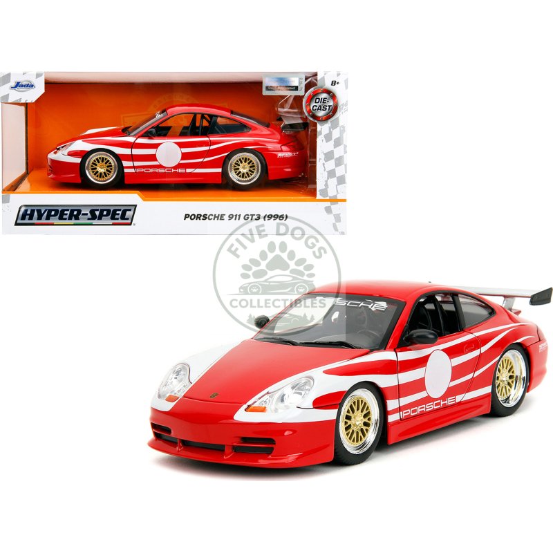 porsche 911 gt3 (996) red with white graphics "hyper spec" series 1/24 diecast model car by jada