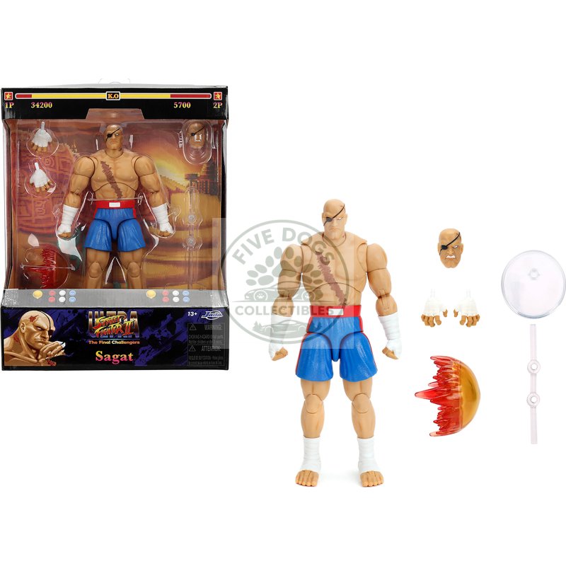 sagat 7.5" moveable figure with accessories and alternate head and hands "ultra street fighter ii: the final challengers" (2017) video game model by jada