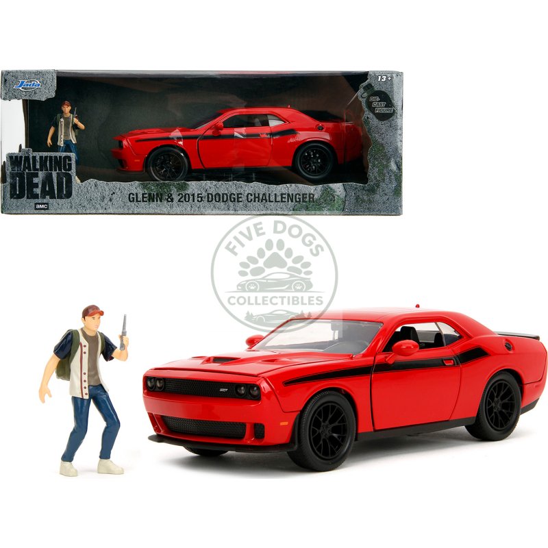 2015 dodge challenger red with black stripes and glenn diecast figure "the walking dead" (2010 2022) tv series "hollywood rides" series 1/24 diecast model car by jada
