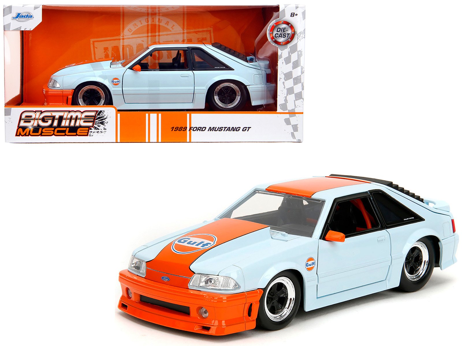 1989 ford mustang gt "gulf oil" light blue with orange stripe "bigtime muscle" series 1/24 diecast model car by jada 1989 ford mustang gt "gulf oil" light blue with orange stripe "bigtime muscle" series 1/24 diecast model car by jada