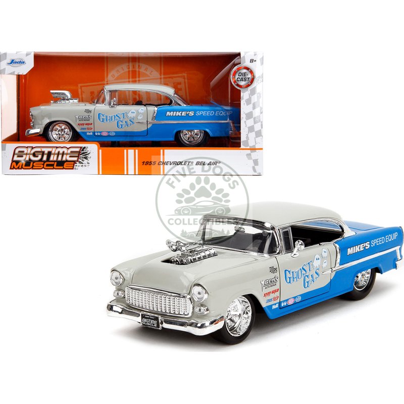 1955 chevrolet bel air "ghost gas mike's speed equip" light gray and blue "bigtime muscle" series 1/24 diecast model car by jada