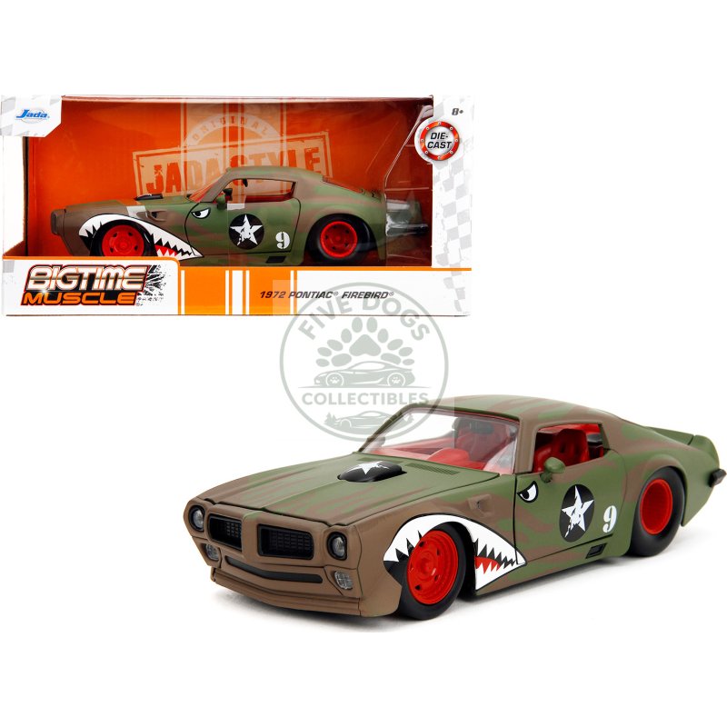 1972 pontiac firebird #9 green camouflage flames with graphics and red interior "bigtime muscle" series 1/24 diecast model car by jada