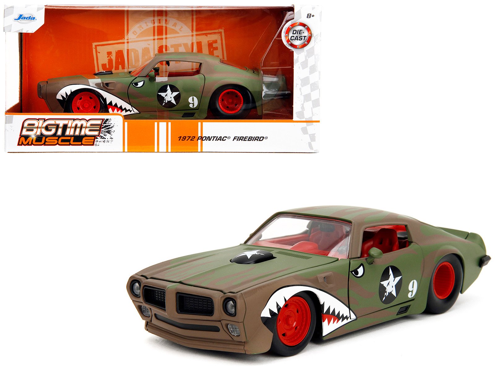 1972 pontiac firebird #9 green camouflage flames with graphics and red interior "bigtime muscle" series 1/24 diecast model car by jada 1972 pontiac firebird #9 green camouflage flames with graphics and red interior "bigtime muscle" series 1/24 diecast model car by jada