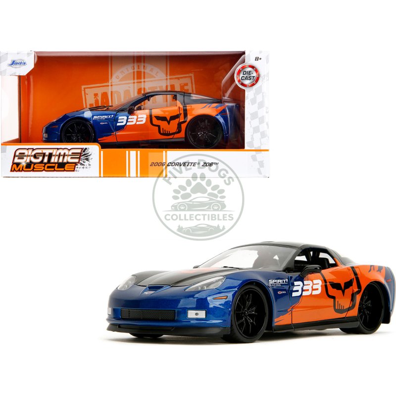 2006 chevrolet corvette z06 #333 "spirit racing" blue metallic and orange with black hood and top "bigtime muscle" series 1/24 diecast model car by jada