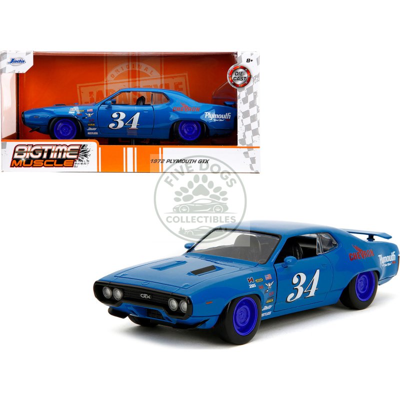 1972 plymouth gtx #34 blue with graphics "bigtime muscle" series 1/24 diecast model car by jada