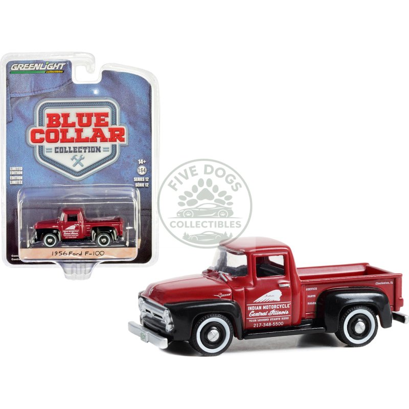 1956 ford f 100 pickup truck red and black "indian motorcycle service parts & sales" "blue collar collection" series 12 1/64 diecast model car by greenlight