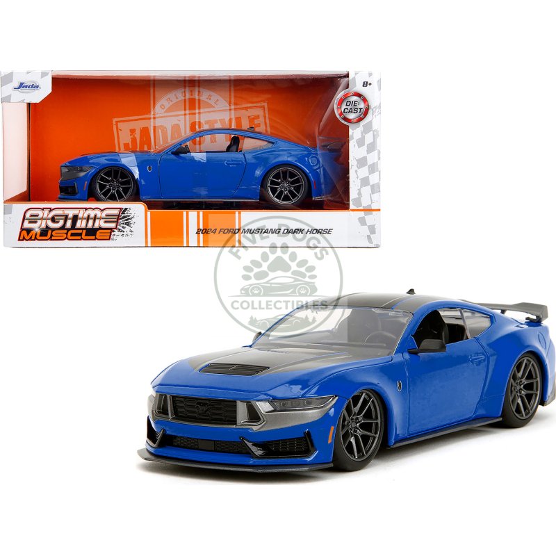 2024 ford mustang dark horse blue metallic with black and gray stripes "bigtime muscle" series 1/24 diecast model car by jada