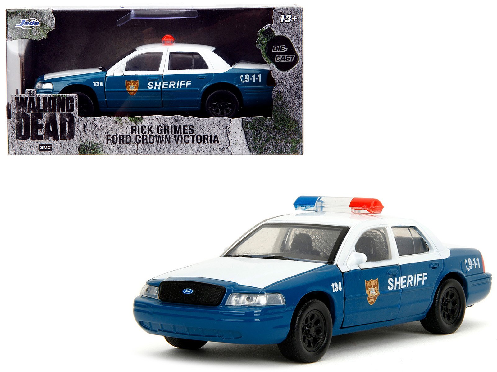 rick grimes' ford crown victoria "sheriff" blue and white "the walking dead" (2010 2022) tv series "hollywood rides" series 1/32 diecast model car by jada rick grimes' ford crown victoria "sheriff" blue and white "the walking dead" (2010 2022) tv series "hollywood rides" series 1/32 diecast model car by jada