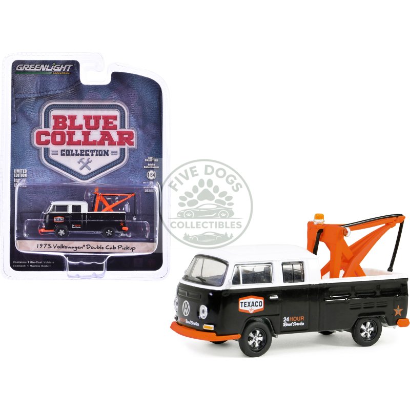 1973 volkswagen double cab tow truck black and white "texaco 24 hour road service" "blue collar collection" series 13 1/64 diecast model car by greenlight