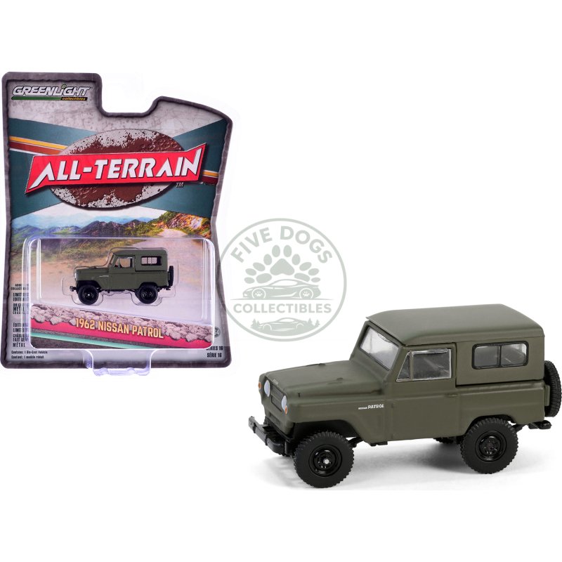 1962 nissan patrol matt olive green "all terrain" series 16 1/64 diecast model car by greenlight