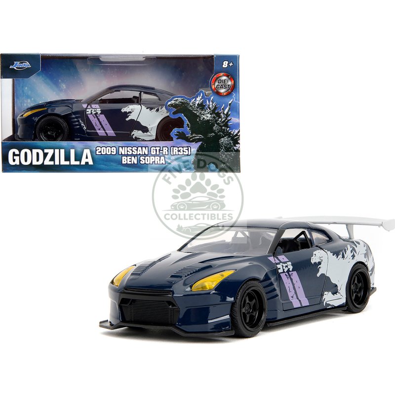 2009 nissan gt r (r35) ben sopra dark blue with graphics "godzilla" "hollywood rides" series 1/32 diecast model car by jada