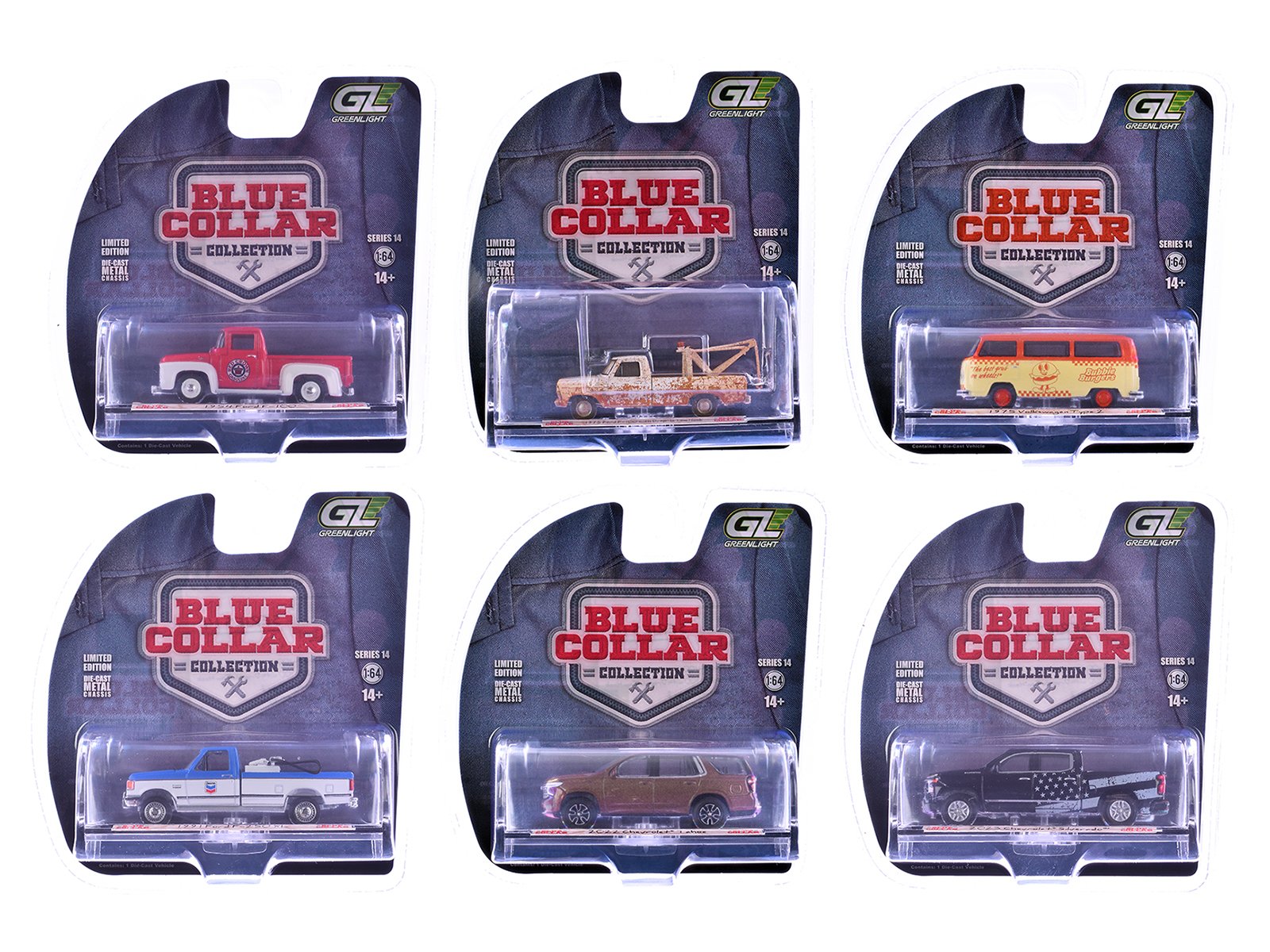 "blue collar collection" series 14 set of 6 pieces 1/64 diecast model cars by greenlight "blue collar collection" series 14 set of 6 pieces 1/64 diecast model cars by greenlight