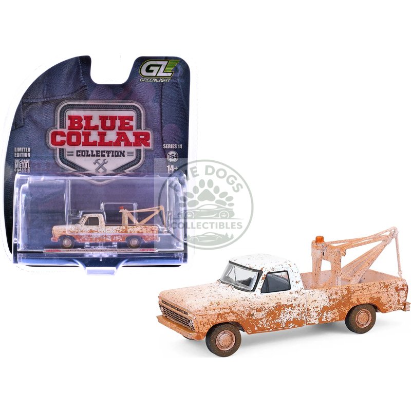 1973 ford f 100 tow truck white (weathered) "blue collar collection" series 14 1/64 diecast model car by greenlight